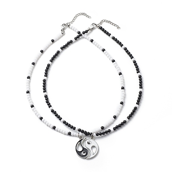 2Pcs 2 Colors Alloy Enamel Gossip/Yin Yang Matching Pendant Necklaces Set, Acrylic Beaded Couple Necklaces for Women, Black and White, 15.94 inch(40.5cm), 1Pc/color