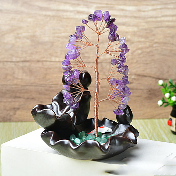 Natural Amethyst Chips Tree of Life Decorations, Backflow Incense Holder with Copper Wire Feng Shui Energy Stone Gift for Women Men Meditation, 130~150mm