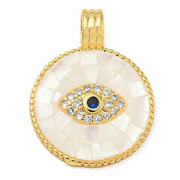 Rack Plating Brass Micro Pave Clear Cubic Zirconia Pendants, Lead Free & Cadmium Free, Long-Lasting Plated, with Shell Flat Round with Eye, Seashell Color, 23.5x18x5.5mm, Hole: 4.5mm