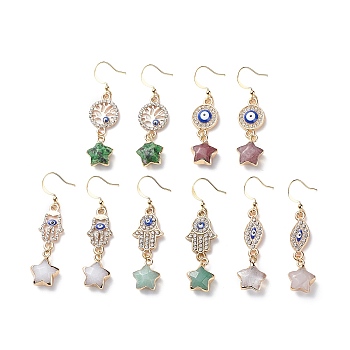 Natural Gemstone Star with Evil Eye Dangle Earrings, Crystal Rhinestone Drop Earrings for Women, Mixed Patterns, 48~52mm, Pin: 0.9mm