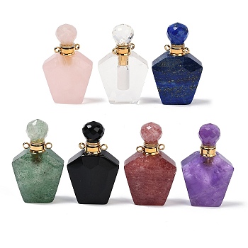 Natural Mixed Stone Openable Perfume Bottle Pendants, Faceted, with Golden Tone 304 Stainless Steel Findings, 37.5x22.5x11mm, Hole: 1.8mm