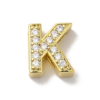 Brass Micro Pave Cubic Zirconia Beads, Lead Free & Cadmium Free, Long-Lasting Plated, Real 18K Gold Plated, Letter K, 12x10.5x5mm, Hole: 8.5x2mm