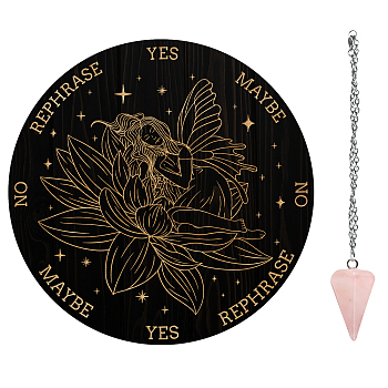 AHADEMAKER 1Pc Wood Pendulum Board, 1Pc 304 Stainless Steel Cable Chain Necklaces, 1Pc Natural Rose Quartz Stone Pendants, for Witchcraft Wiccan Altar Supplies, Angel & Fairy Pattern, Board: 200x4mm