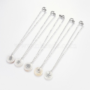 Brass Real Platinum Plated Cable Chains Charms Anklets, with 304 Stainless Steel Findings and Freshwater Shell Pendants, Flat Round, Stainless Steel Color, 9-7/8 inch(25cm), Pendant: 16x3mm(AJEW-AN00231)