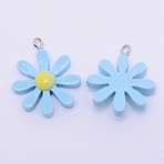 Resin Pendants, with Platinum Plated Iron Loops, Daisy, LightSkyBlue, 28x23.5x2mm, Hole: 2mm(RESI-WH0009-67B)