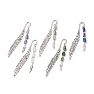 Tibetan Style Alloy Feather Bookmarks, Mixed Natural Gemstone Bead Pendant Bookmark, Mixed Color, 115x13x3.5mm(AJEW-JK00220)