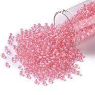 TOHO Round Seed Beads, Japanese Seed Beads, (191B) Opaque Hot Pink-Lined Rainbow Clear, 8/0, 3mm, Hole: 1mm, about 222pcs/bottle, 10g/bottle(SEED-JPTR08-0191B)