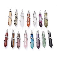 Natural Gemstone Big Pointed Pendants, with Platinum Plated Brass Bails, Faceted, Bullet with Snake, 59~61.5x11~12x11~12mm, Hole: 5x8mm(G-F696-B)