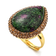 Natural Ruby in Zoisite Teardrop Adjustable Ring with Rhinestone, Brass Ring for Women, Golden, Inner Diameter: 18mm(RJEW-D005-08G)