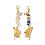 Butterfly Alloy Enamel Pendants Decoraiton, Natural Citrine Chip & Lava Rock Beads and Lobster Claw Clasps Charm, Gold, 81~83mm, 2pcs/set(HJEW-JM01637-05)