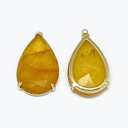 Natural Jade Pendants, with Brass Findings, Faceted, teardrop, Dyed, Golden, Dark Goldenrod, 31.5~32.5x18~18.5x5.5~6mm, Hole: 1.4mm(G-E526-08B)
