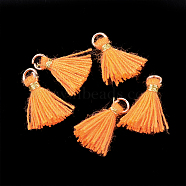Polycotton(Polyester Cotton) Tassel Pendant Decorations, Mini Tassel, with Iron Findings and Metallic Cord, Light Gold, Dark Orange, 10~15x2~3mm, Hole: 1.5mm(X-FIND-S281-34)