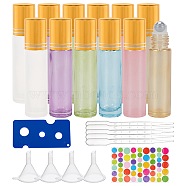 DIY Essential Oil Bottles Kits, with Glass Essential Oil Empty Perfume Bottles, Plastic Bottle Openers & Funnel Hopper & Dropper and Paper Rainbow Color Stickers, Mixed Color, Bottles: 8.6x2cm, Capacity: 10ml, 12pcs/set(DIY-BC0011-29)
