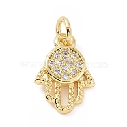 Brass Micro Pave Cubic Zirconia Palm Charms, with Jump Ring, Hamsa Hand Charm, Golden, 13x9x1.5mm, Hole: 2.8mm(KK-C012-22G)