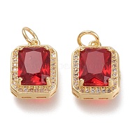Brass Glass Charms, with Micro Pave Clear Cubic Zirconia and Jump Ring, Rectangle, Real 18K Gold Plated, Red, 14.5x10.5x5mm, Hole: 3.4mm(ZIRC-F116-09A-G)