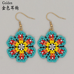 Bohemian Style Glass Beaded Flower Fashion Dangle Earrings, Multiple Options Available, Golden, Blue, 34x34mm(JS3364-2)