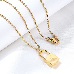 304 Stainless Steel Rolo Chain Pendant Necklaces, Padlock Necklaces for Women Men, Locks with Letter, Letter L, 17.64 inch(44.8cm)(NJEW-S444-01G-12)