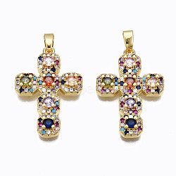 Brass Micro Pave Cubic Zirconia Pendants, Real 16K Gold Plated, Nickel free, Cross, Colorful, 27x18.5x4mm, Hole: 2.5x5mm(X-ZIRC-N039-157B-NF)