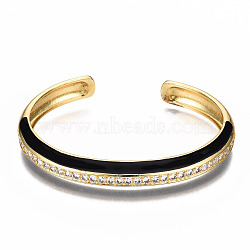 Brass Micro Pave Clear Cubic Zirconia Cuff Bangles, with Enamel, Nickel Free, Real 16K Gold Plated, Black, Inner Diameter: 2-3/8 x1-7/8 inch(5.9x4.7cm)(BJEW-N302-004A-NF)