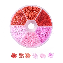 6 Colors 12/0 Glass Seed Beads, Frosted Colors & Opaque Colours & Trans. Colors Rainbow & Ceylon, Round, Red, 12/0, 2mm, Hole: 1mm, 60g/box, about 3960pcs/box(SEED-X0052-03E-2mm)