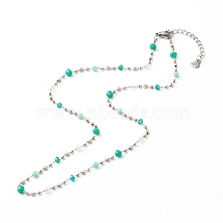 Chain Necklace, with Brass & Glass Beaded Chain, 304 Stainless Steel Findings, Light Sea Green, 40.5x0.2cm(NJEW-JN03547-01)