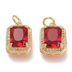 Brass Glass Charms, with Micro Pave Clear Cubic Zirconia and Jump Ring, Rectangle, Real 18K Gold Plated, Red, 14.5x10.5x5mm, Hole: 3.4mm(ZIRC-F116-09A-G)