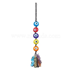 Handmade Evil Eye Lampwork Pendant Decorations, Braided Nylon Thread and Gemstone Chip Tassel Hanging Ornaments, Flat Round, 18cm(HJEW-JM01053-03)