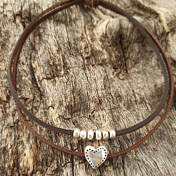 Boho Alloy Heart Pendant Imitation Leather Cord Double Layer Choker Necklaces for Women, Coconut Brown, Silver, 13.78~17.72 inch(35~45cm)(WG0C262-01)