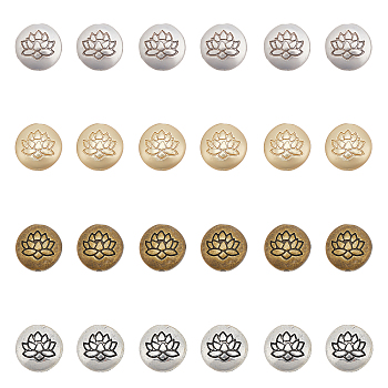 CHGCRAFT 24Pcs 4 Colors Tibetan Style Alloy Beads, Flat Round with Lotus, Cadmium Free & Nickel Free & Lead Free, Mixed Color, 14x6.5mm, Hole: 1mm, 6pcs/color