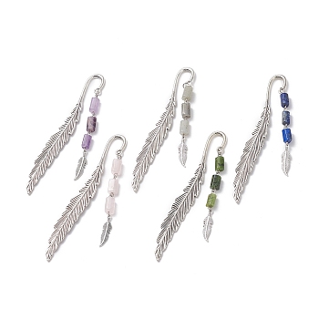 Tibetan Style Alloy Feather Bookmarks, Mixed Natural Gemstone Bead Pendant Bookmark, Mixed Color, 115x13x3.5mm