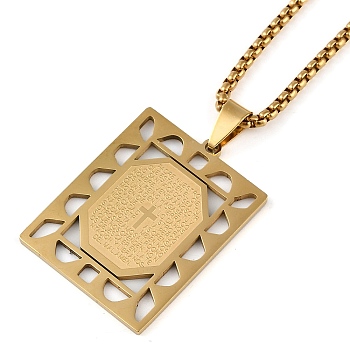 304 Stainless Steel Hollow Rectangle with Cross Pendant Box Chain Necklaces, Real 18K Gold Plated, 23.43 inch(59.5cm)