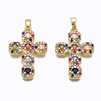 Brass Micro Pave Cubic Zirconia Pendants, Real 16K Gold Plated, Nickel free, Cross, Colorful, 27x18.5x4mm, Hole: 2.5x5mm