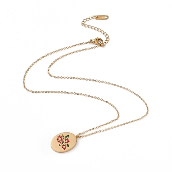 Enamel Oval with Birth Flower Pendant Necklace, Golden 304 Stainless Steel Jewelry for Women, December Poinsettia, 15.67~16.26 inch(39.8~41.3cm)