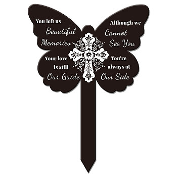 Acrylic Garden Stake, Ground Insert Decor, for Yard, Lawn, Garden Decoration, Butterfly with Memorial Words, Cross, 205x145mm