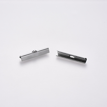 304 Stainless Steel Ribbon Crimp Ends, Stainless Steel Color, 7x30mm, Hole: 1.5x2mm