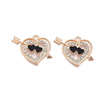 Alloy Enamel Pendants, with Crystal Rhinestone, Cadmium Free & Lead Free, Light Gold, An Arrow Through the Heart Charms, Black, 18.5x22x2mm, Hole: 1.8mm