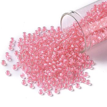 TOHO Round Seed Beads, Japanese Seed Beads, (191B) Opaque Hot Pink-Lined Rainbow Clear, 8/0, 3mm, Hole: 1mm, about 222pcs/bottle, 10g/bottle