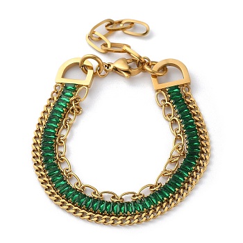 Golden 304 Stainless Steel Triple Layer Multi-strand Bracelets, Rhinestone Cup Chains Bracelet, Emerald, 6-7/8 inch(17.5cm)