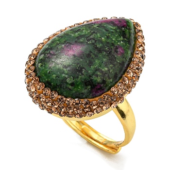 Natural Ruby in Zoisite Teardrop Adjustable Ring with Rhinestone, Brass Ring for Women, Golden, Inner Diameter: 18mm