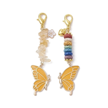Butterfly Alloy Enamel Pendants Decoraiton, Natural Citrine Chip & Lava Rock Beads and Lobster Claw Clasps Charm, Gold, 81~83mm, 2pcs/set