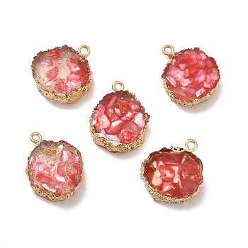 Transparent Resin Pendants, Nuggets Charm, with Light Gold Tone Iron Findings and Gold Foil, Red, 21~23x17~20x5.5mm, Hole: 1.6mm