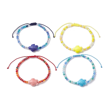 4Pcs 4 Colors Beach Tortoise Porcelain Braided Bead Bracelets, Electroplate Glass Beaded Stackable Adjustable Bracelets for Women Men, Mixed Color, Inner Diameter: 2-1/8~3-1/2 inch(5.5~9cm), 1pc/color