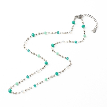 Chain Necklace, with Brass & Glass Beaded Chain, 304 Stainless Steel Findings, Light Sea Green, 40.5x0.2cm