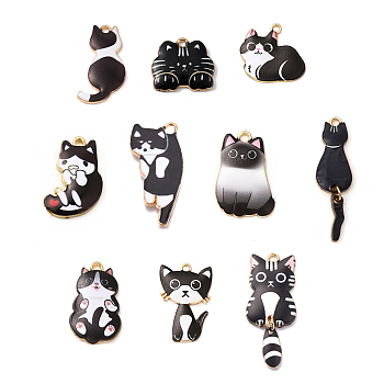 20Pcs 10 Styles Alloy Enamel Pendants, Cadmium Free & Nickel Free & Lead Free, Golden, Cat Charms, Black, 22x24x2mm, Hole: 1.8mm, 2pcs/style