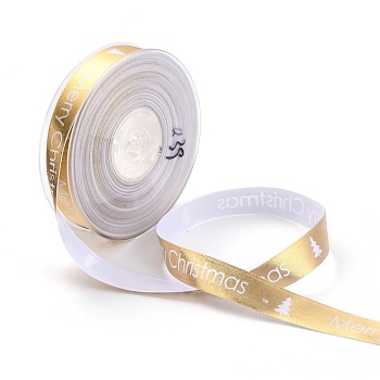 Polyester Ribbon, Single Face Hot Stamping, for Christmas Gift Wrapping, Party Decorate, Word Merry Christmas, Gold, 5/8 inch(16mm), 100 yards/roll(91.44m/roll)