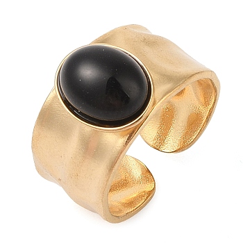 Oval Natural Black Agate Finger Rings, Ion Plating(IP) 304 Stainless Steel Wide Band Cuff Rings for Women, Soldered, Real 14K Gold Plated, Oval: 11x9.5mm, Adjustable