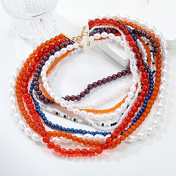 Bohemian Glass Beaded Multi Layered Necklaces for Women, with Alloy Clasps and Plastic Imitation Pearl, Colorful, 16.02 inch(40.7cm)