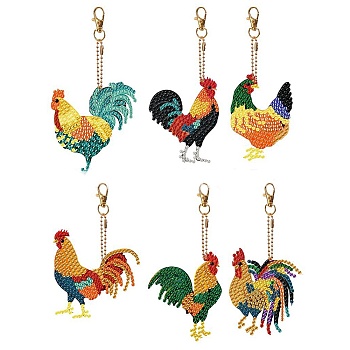 Rooster DIY Diamond Painting Pendant Decoration Kits, Including Acrylic Board, Pendant Decoration Clasp, Bead Chain, Rhinestones Bag, Diamond Sticky Pen, Tray Plate and Glue Clay, Mixed Color, 70x50mm
