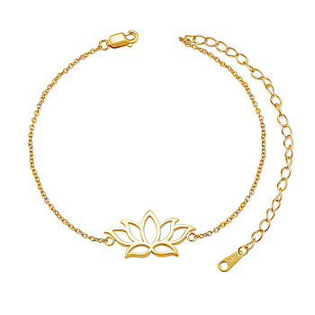 SHEGRACE 925 Sterling Silver Link Bracelets, with Cable Chains, Lotus, Real 18K Gold Plated, 6-3/4 inch(17cm)
