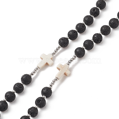Natural Lava Rock & Synthetic Turquoise Cross Rosary Bead Necklace(NJEW-JN04202)-6